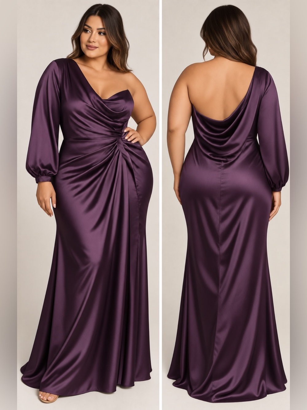 Vintage Revelry Purple Satin Draped Asymmetrical Long Sleeve Dress Size 14